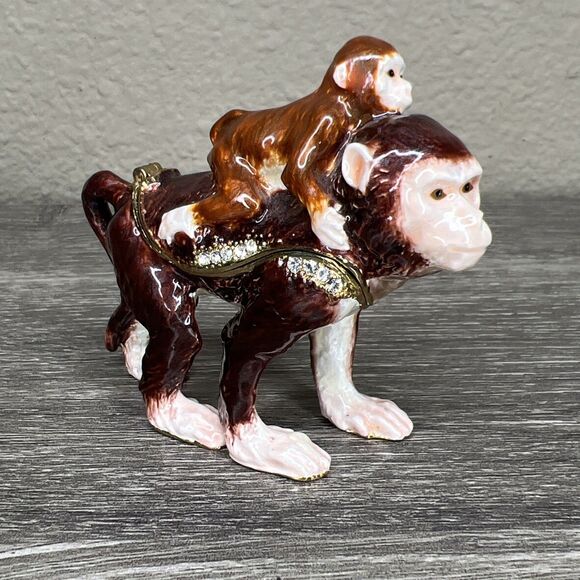 Vintage Mother And Baby Monkey Enamel Trinket Box With Austrian Crystals 3” - Picture 1 of 9